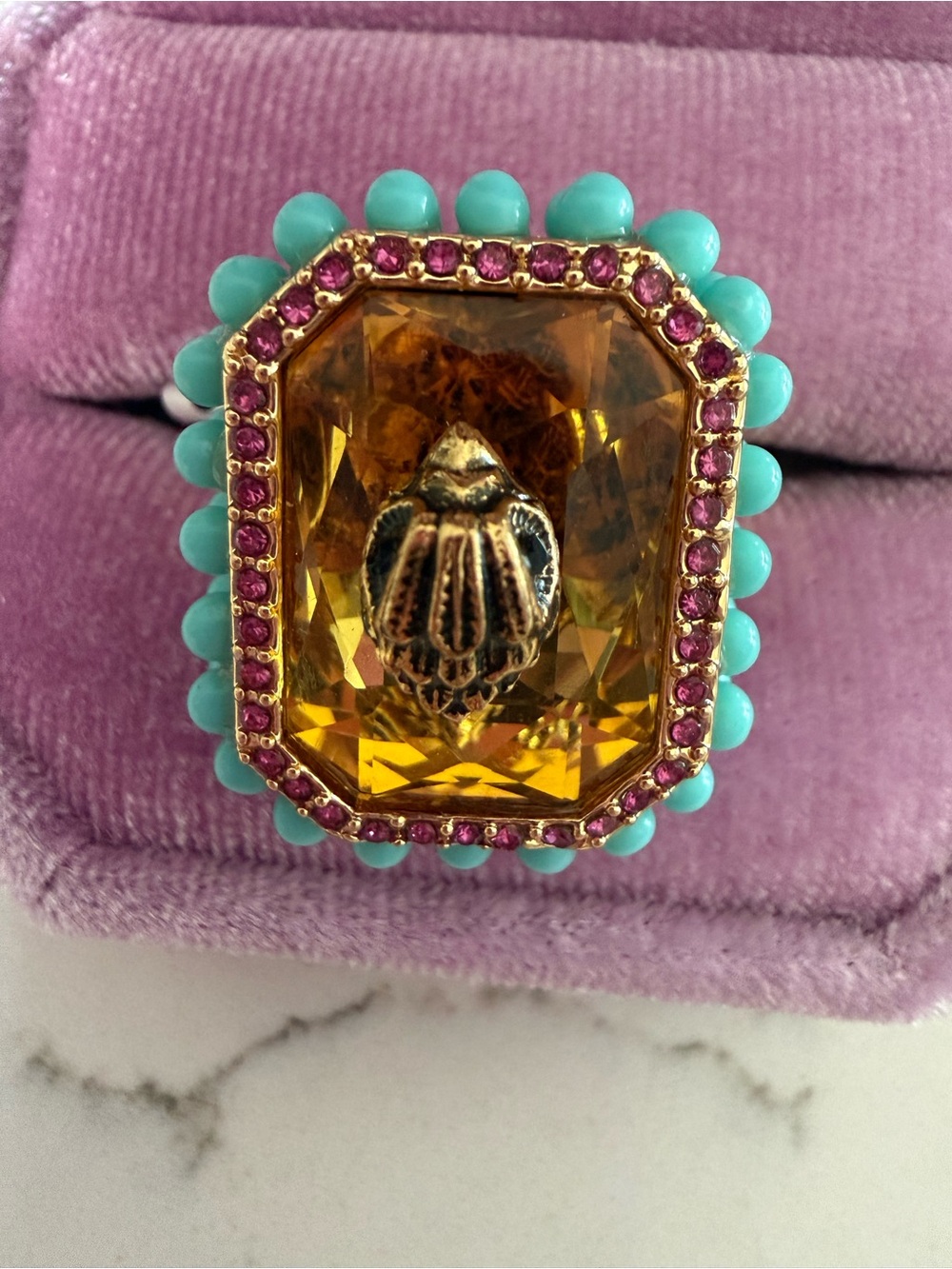 Kurt Geiger Amber Center Ring with Turquoise Bead Halo - Picture 2 of 2